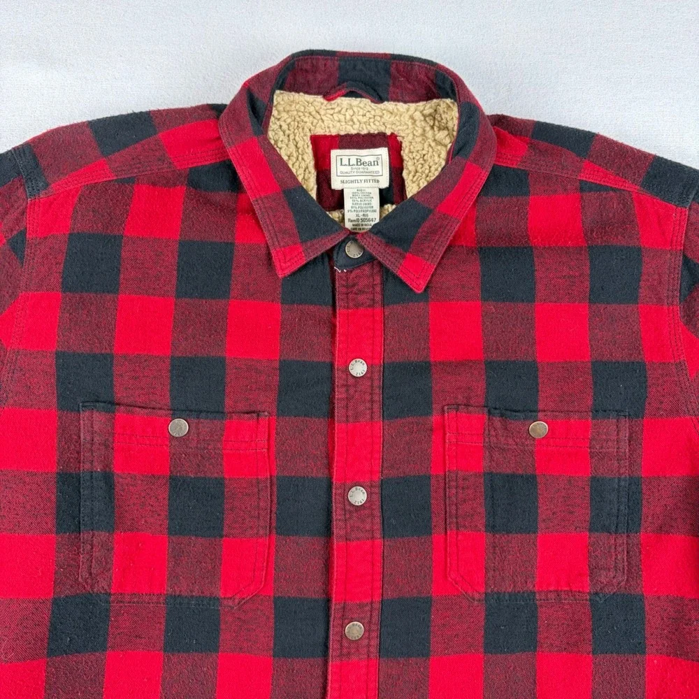 LL Bean Sherpa Lined Scotch Plaid Flannel Shirt Jacket Mens XL Red Buffalo Snap